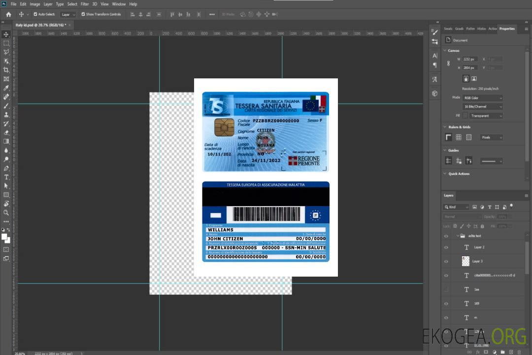 Italie Tessera Sanitaria (carte d'assurance maladie) version 2 template